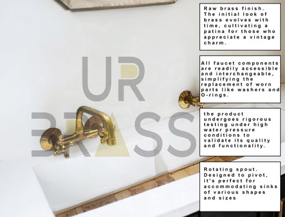 Unlacquered Brass Faucet, Wall Mount Bathroom Faucet, Rustic Brass Faucet